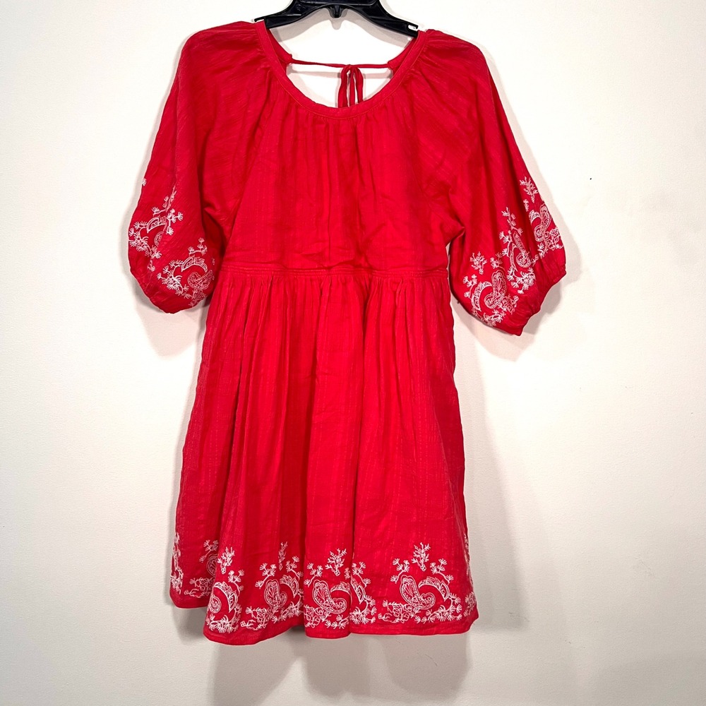 Chelsea & Violet Red Boho Embroidered Dress Peasant Cottagecore Cotton S